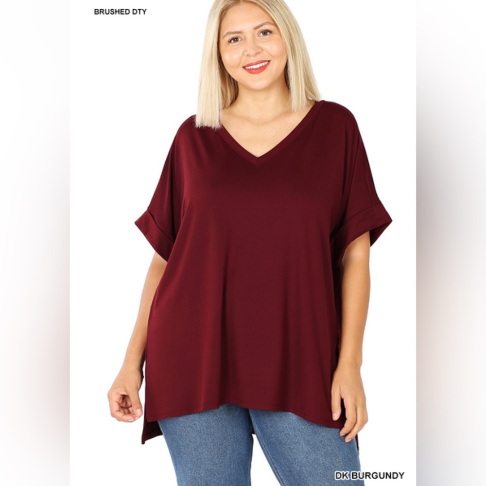 NWT ZENANA PLUS BRUSHED DTY ROLLED SHORT SLEEVE V-NECK TOP “Dark Burgundy”